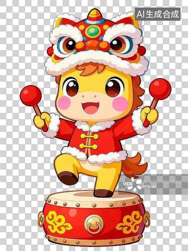 【AI数字艺术】国风国潮风线描卡通新年春节舞狮醒狮马年插画免抠元素图片素材