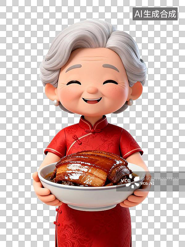 【AI数字艺术】3D渲染中国风卡通人物，老奶奶手里拿着东坡肉，扣肉，年夜饭，中华美食免抠元素图片素材