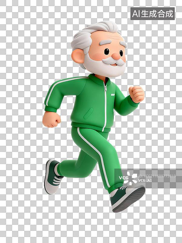 【AI数字艺术】3D渲染卡通人物，老人，退休老人，跑步的老人，晨跑，锻炼，运动，休闲娱乐活动免抠元素图片素材