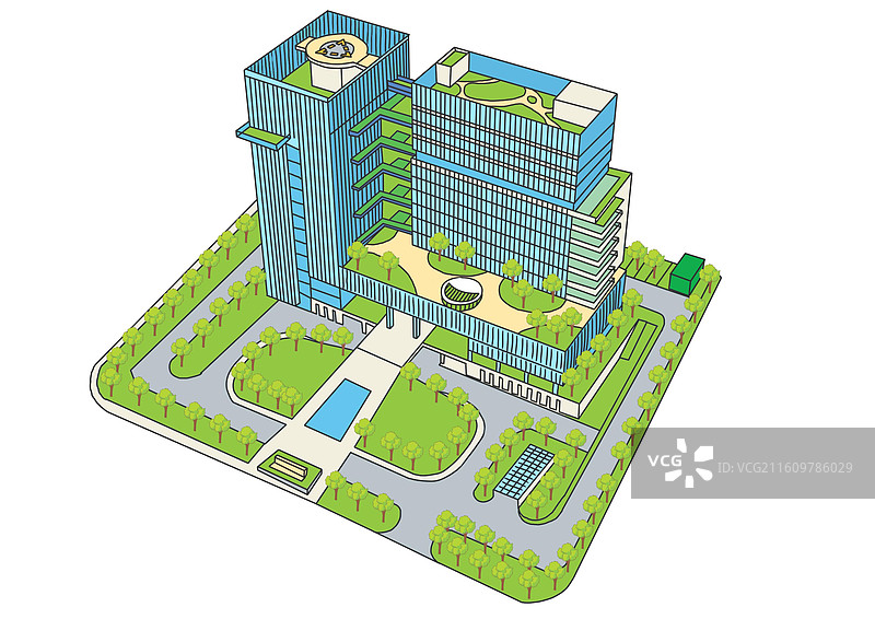 插画二维手绘风深圳市急救血液信息三中心公共卫生服务综合楼项目建筑群图片素材