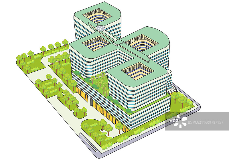 插画二维手绘风建筑群深圳市第二儿童医院图片素材