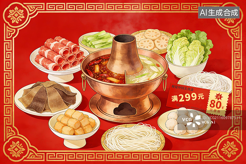【AI数字艺术】春节过年团圆饭插画，年夜饭，传统美食，涮锅，铜火锅图片素材