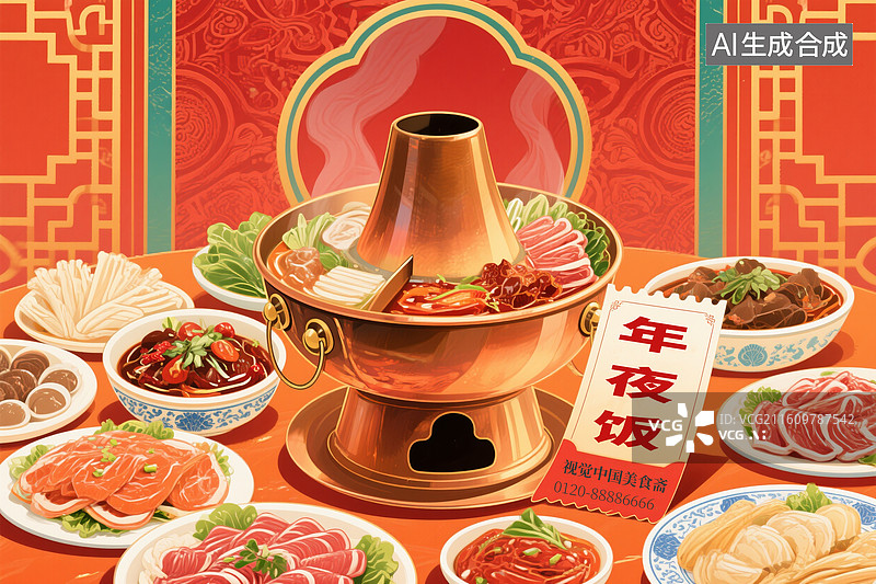 【AI数字艺术】春节过年团圆饭插画，年夜饭，传统美食，涮锅，铜火锅图片素材