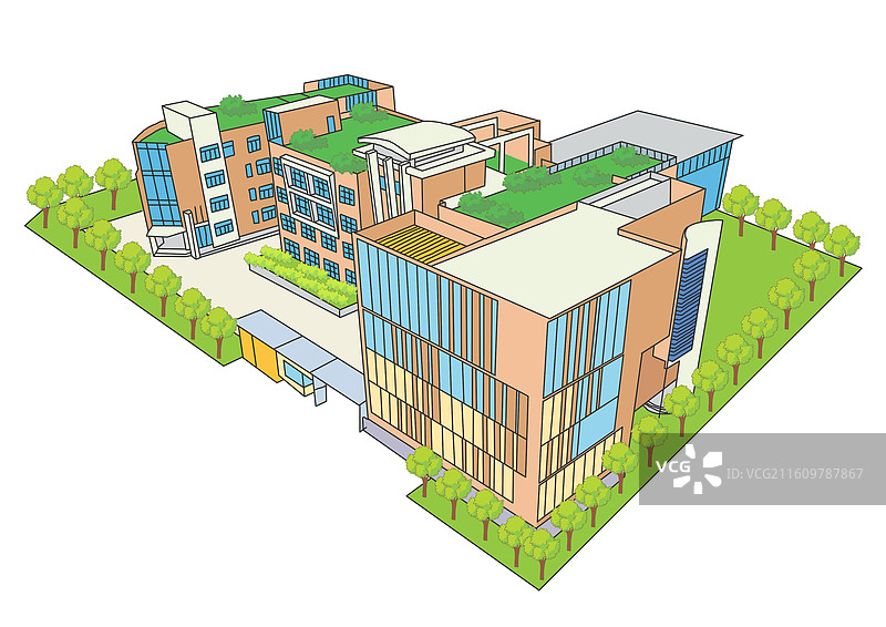 插画二维手绘风建筑群深圳外国语学校东海附属小学校园改造工程图片素材