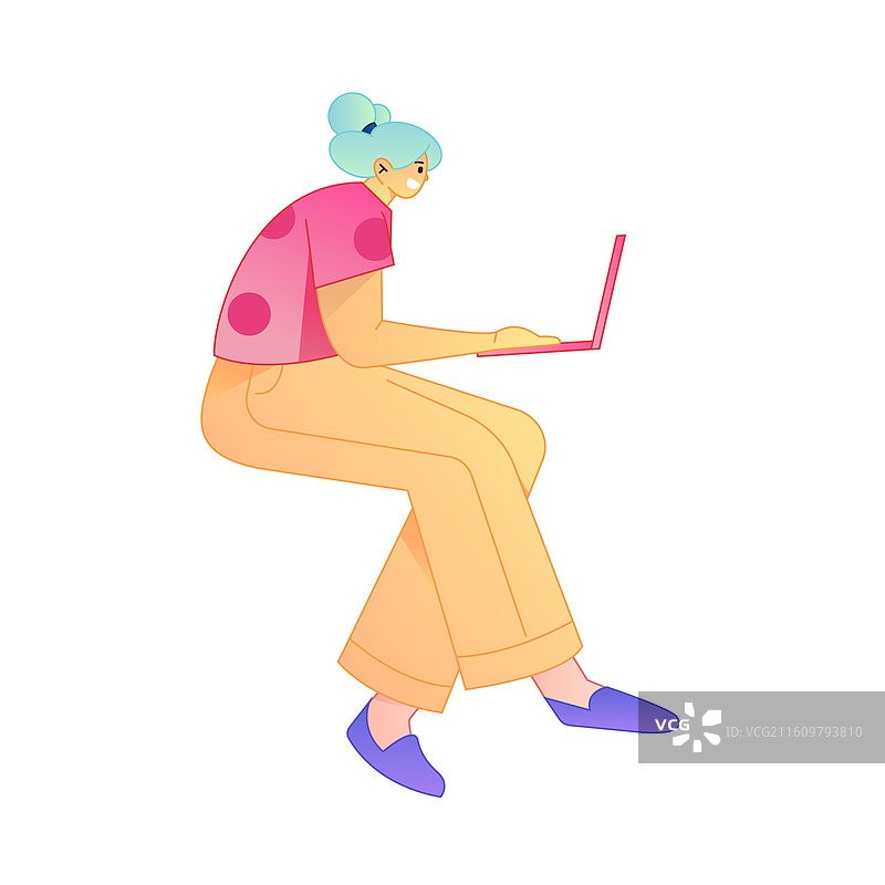 远程办公使用电脑工作的人物矢量扁平渐变插画图片素材