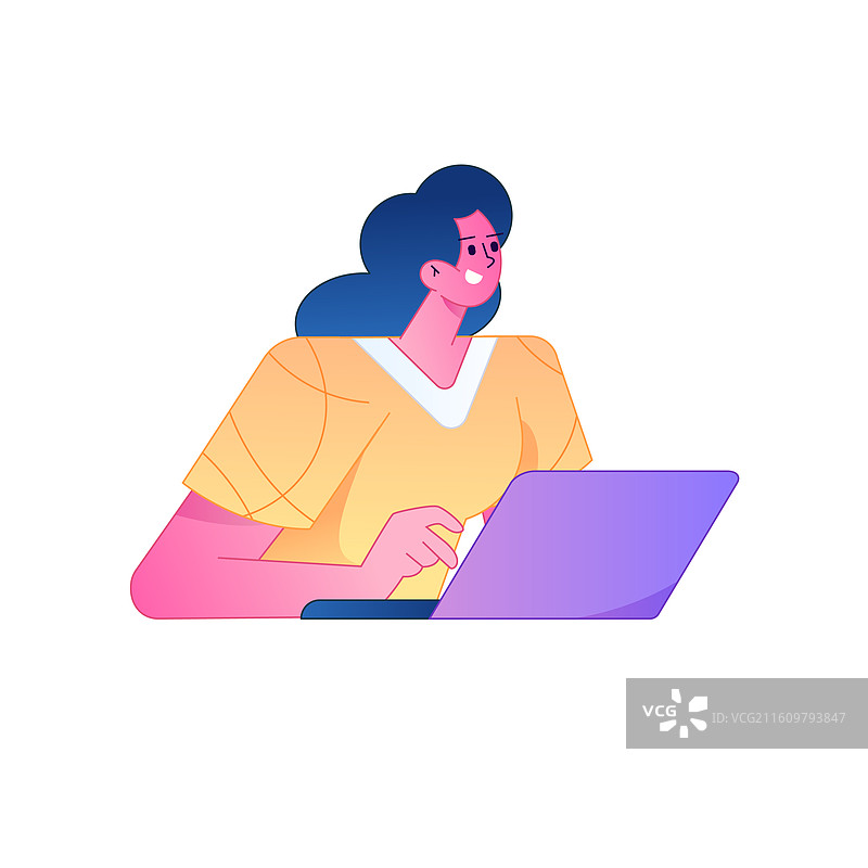 远程办公使用电脑工作的人物矢量扁平渐变插画图片素材