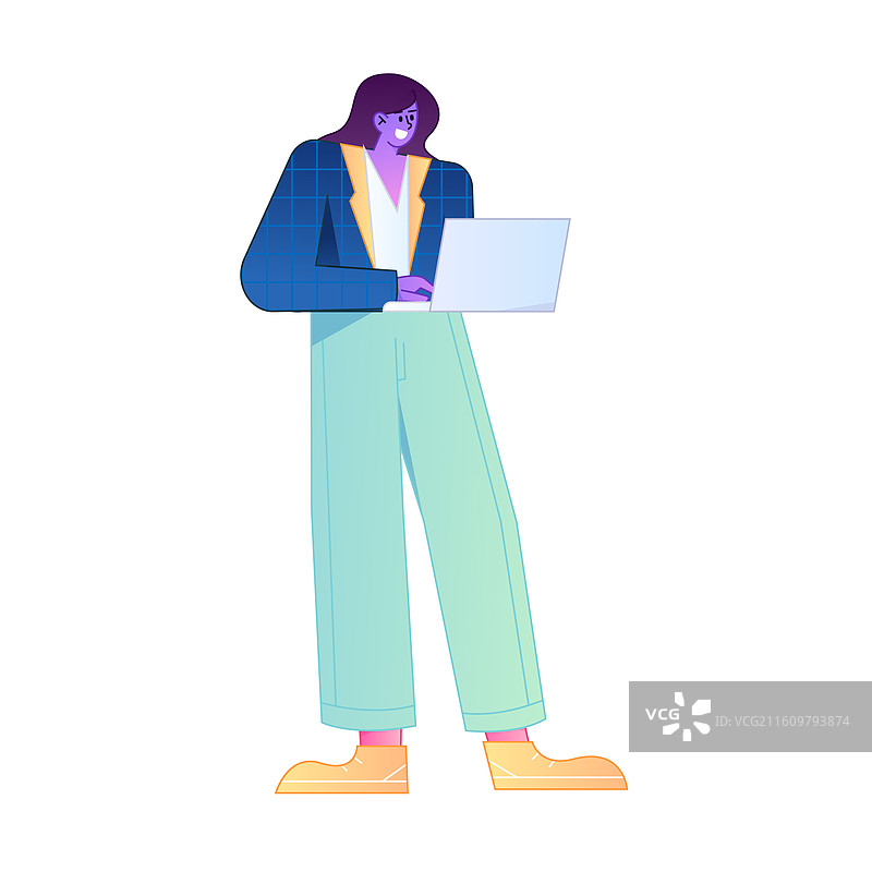 远程办公使用电脑工作的人物矢量扁平渐变插画图片素材