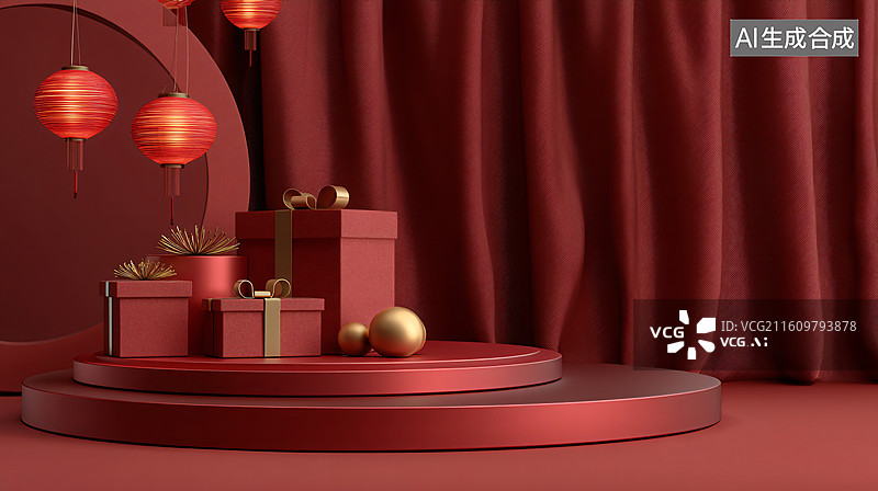 【AI数字艺术】红幕灯笼礼盒展台装饰喜庆背景图片素材