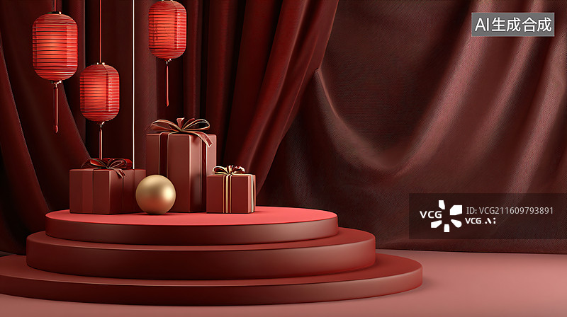 【AI数字艺术】红幕灯笼礼盒展台装饰喜庆背景图片素材