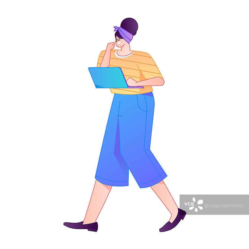 远程办公使用电脑工作的人物矢量扁平渐变插画图片素材