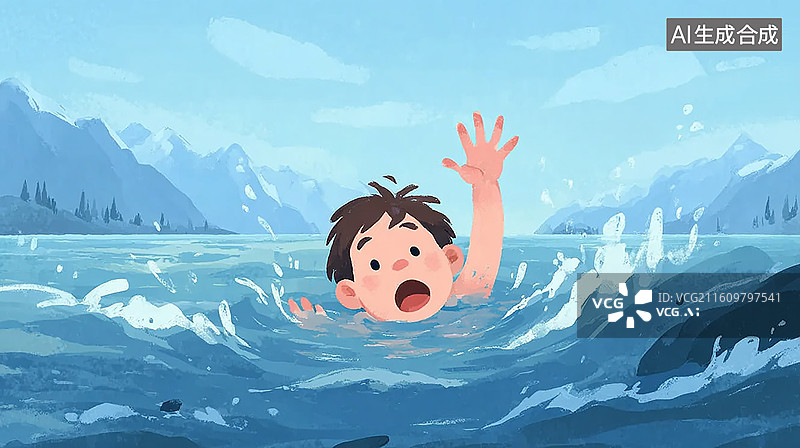 【AI数字艺术】卡通男孩落水呼救图片素材