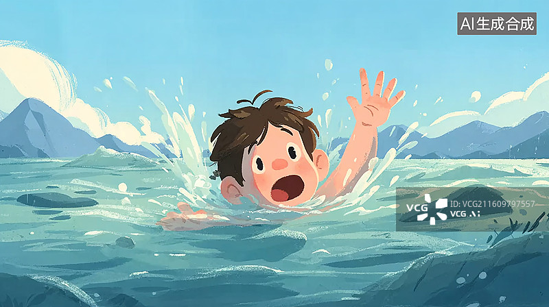 【AI数字艺术】卡通男孩落水呼救图片素材
