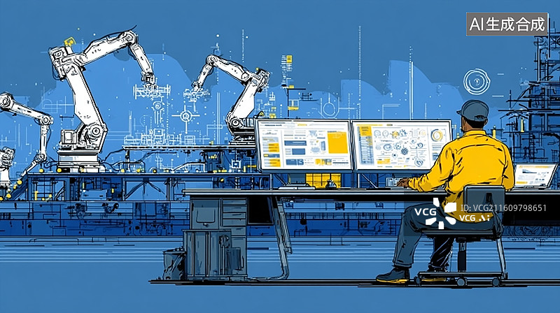 【AI数字艺术】智能工厂监控场景插画图片素材