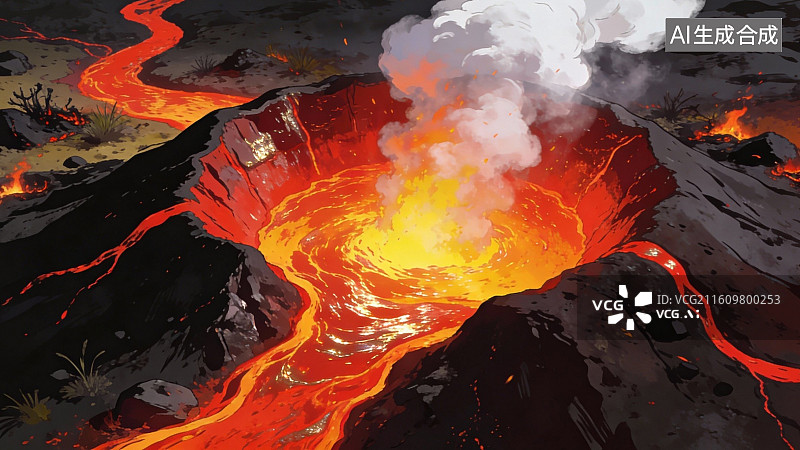 【AI数字艺术】火山喷发熔岩流淌图片素材