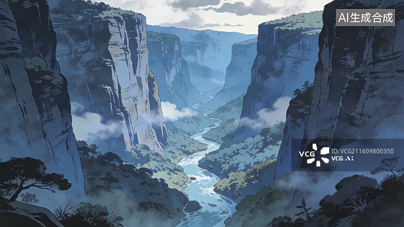 【AI数字艺术】峡谷河流与山峦云雾图片素材