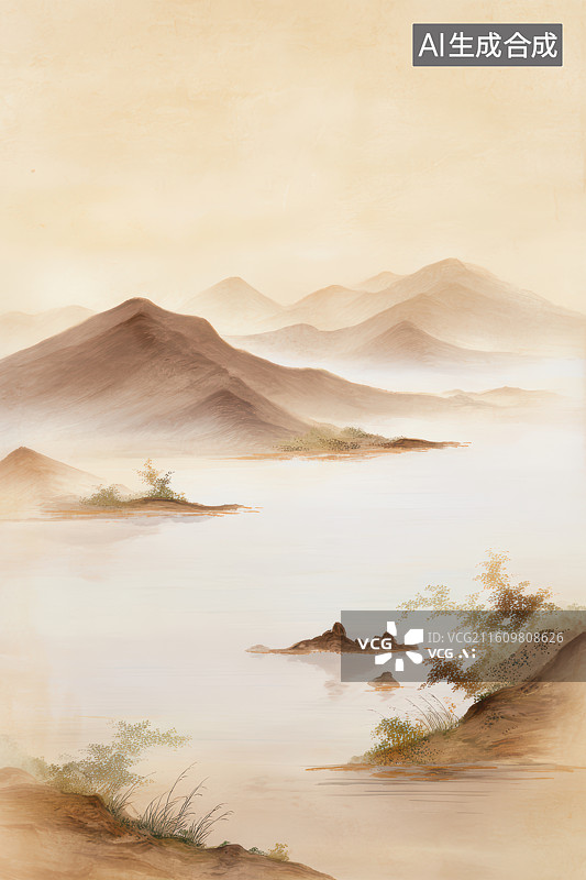 【AI数字艺术】淡墨山水浅滩国风背景图片素材