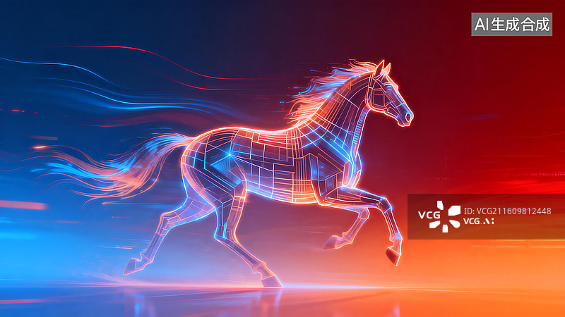 【AI数字艺术】蓝红橙渐变机械马 霓虹光效电路线条背景 科技未来感装饰设计素材图片素材