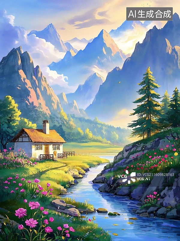 【AI数字艺术】山间小屋，溪流蜿蜒，远山如黛，风景如画图片素材