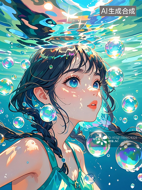 【AI数字艺术】水下女孩与泡泡图片素材