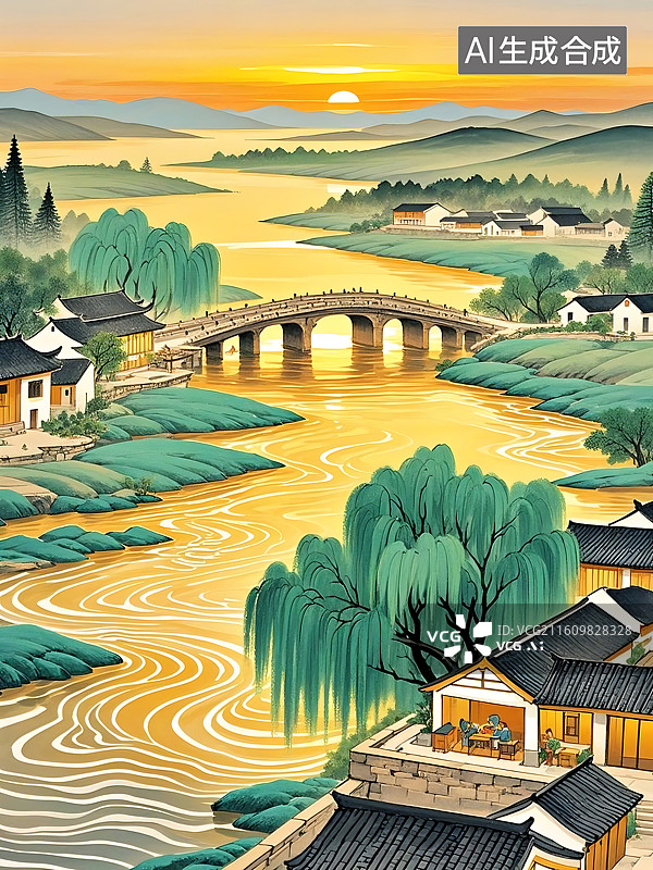 【AI数字艺术】水乡人家，落日余晖下的诗意画卷图片素材