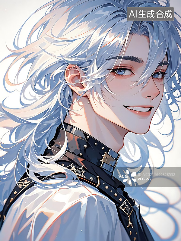 【AI数字艺术】动漫风俊美少年，蓝发蓝眸，嘴角微扬，气质迷人图片素材