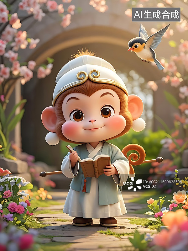 【AI数字艺术】可爱小猴子读书，鸟儿在旁陪伴图片素材