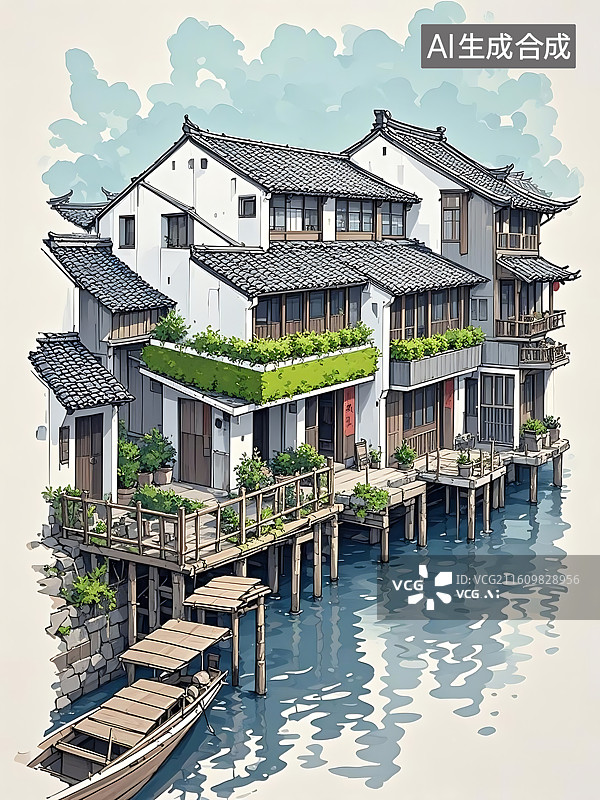 【AI数字艺术】水乡人家：日式风格水岸建筑图片素材