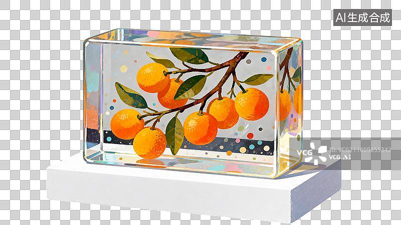 【AI数字艺术】金桔树枝被封存在透明树脂块中摆件元素插画图片素材