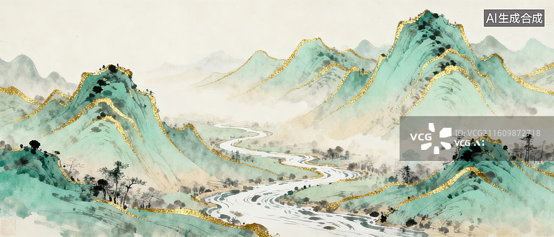 【AI数字艺术】山水画中的青绿山川图片素材