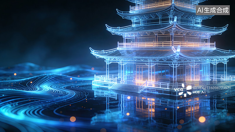 【AI数字艺术】发光的古代建筑在水面上图片素材
