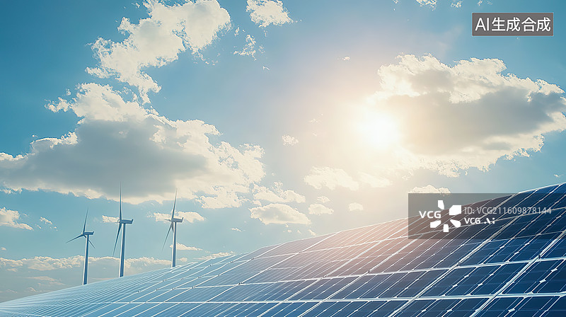 【AI数字艺术】蓝天白云阳光下的风电光伏新能源风光图片素材