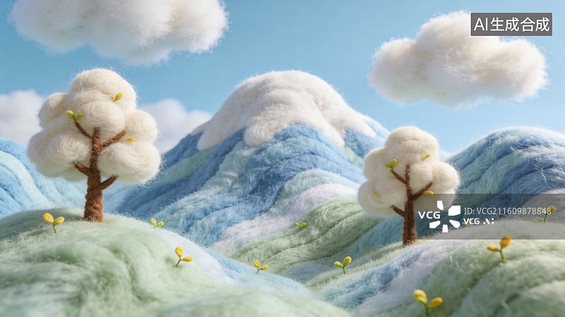 【AI数字艺术】毛绒质感的山川与云树图片素材