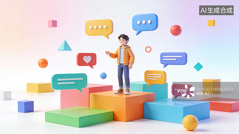 【AI数字艺术】人物站在彩色方块上与对话气泡互动图片素材