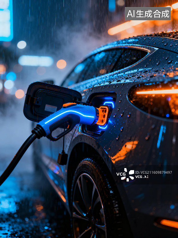 【AI数字艺术】雨夜电动汽车充电图片素材