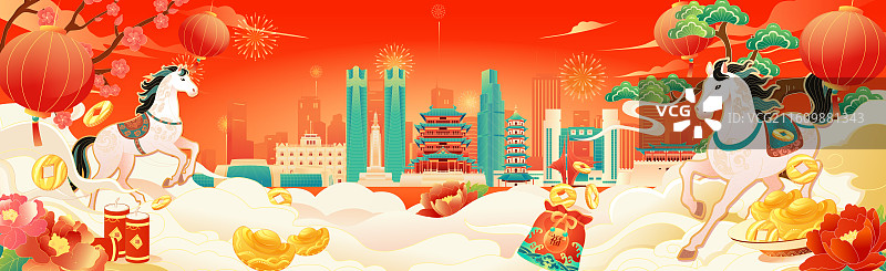 国风2026马年南昌城市新年春节矢量插画图片素材