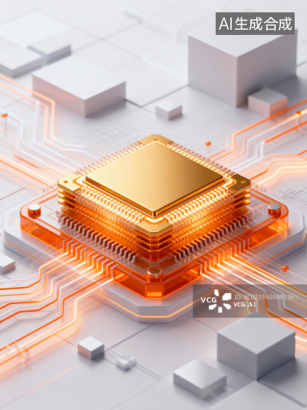 【AI数字艺术】金色发光芯片处理器 电路走线与立体方块科技背景特写图片素材
