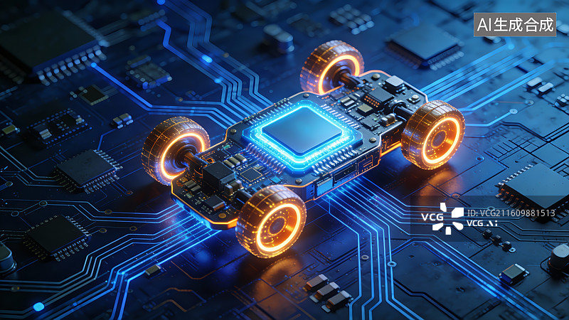 【AI数字艺术】人工智能未来科技芯片汽车，新能源汽车生产线，未来汽车生产，汽车芯片图片素材