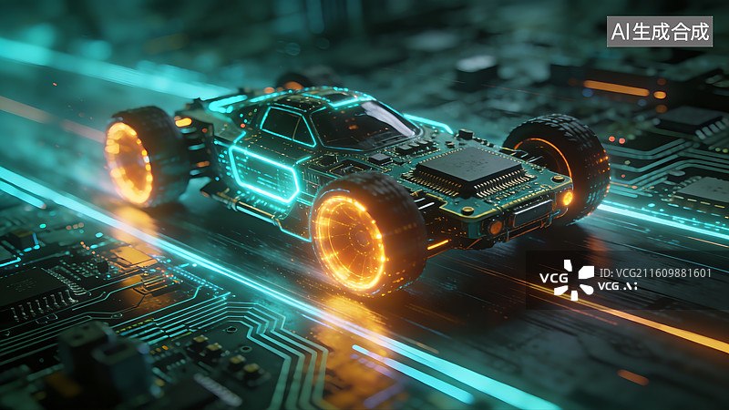 【AI数字艺术】人工智能未来科技芯片汽车，新能源汽车生产线，未来汽车生产，汽车芯片图片素材