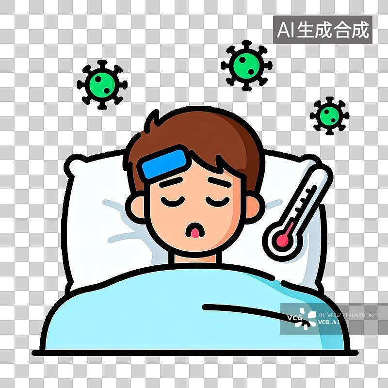 【AI数字艺术】生病男孩卧床发烧图片素材