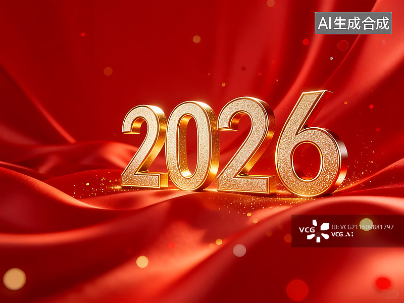 【AI数字艺术】2026 新春红金奢华背景 正红绸缎哑光肌理 闪金立体数字 2026 节日庆典设计素材图片素材