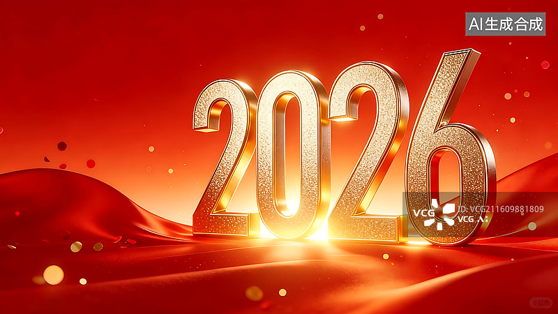 【AI数字艺术】2026 新春红金奢华背景 正红绸缎哑光肌理 闪金立体数字 2026 节日庆典设计素材图片素材