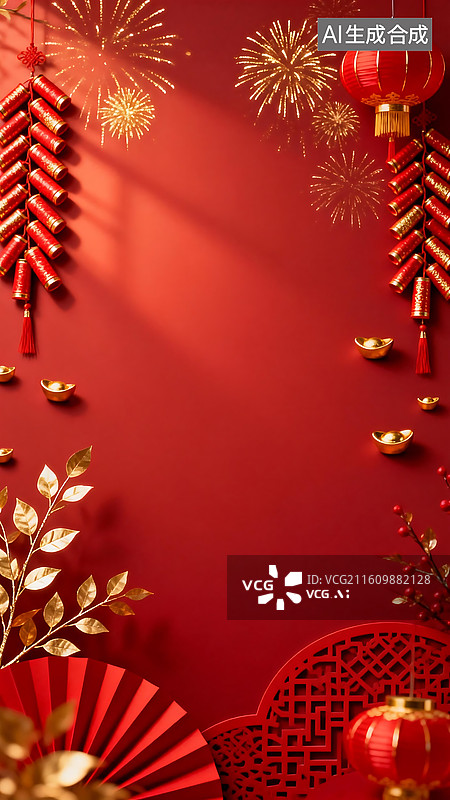 【AI数字艺术】新年红金喜庆边框背景 正红哑光底色鞭炮烟花元宝装饰 新年祝福海报留白设计素材图片素材