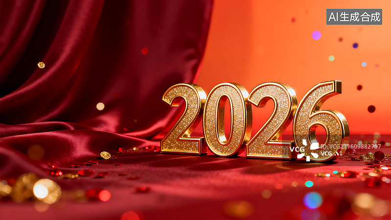 【AI数字艺术】2026 新春红金奢华背景 正红绸缎哑光肌理 闪金立体数字节日庆典设计素材图片素材