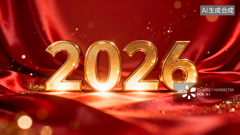 【AI数字艺术】2026 新春红金奢华背景 正红绸缎哑光肌理 闪金立体数字节日庆典设计素材图片素材