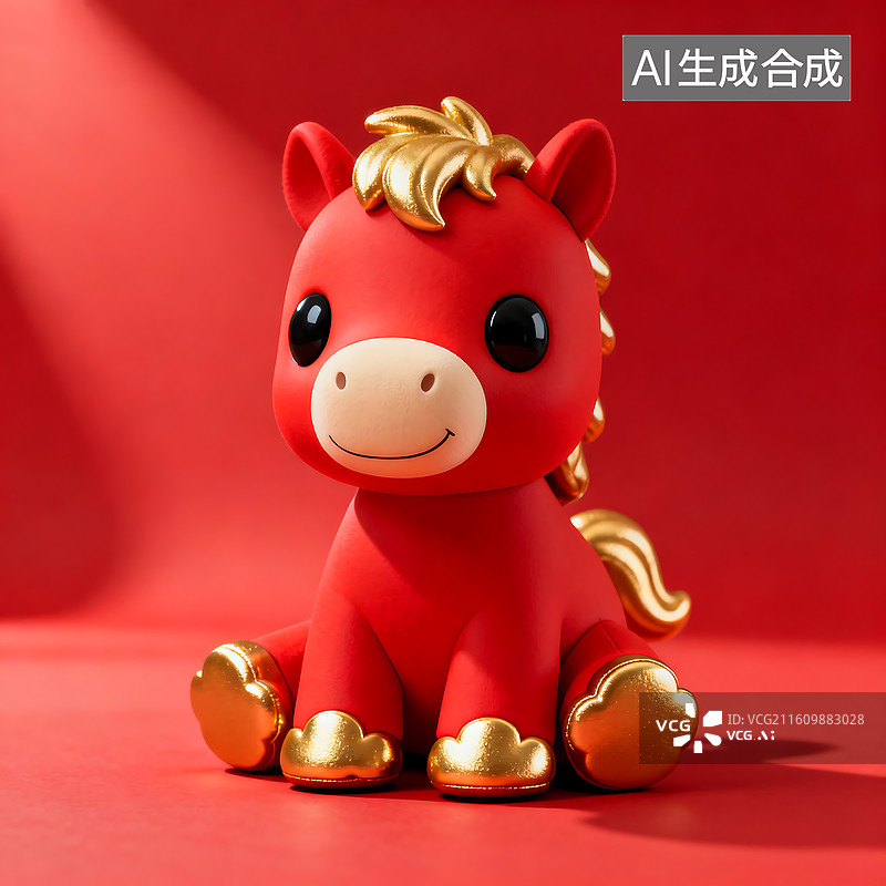 【AI数字艺术】红色卡通3D小马玩具，配以金色的鬃毛、尾巴和蹄子，造型可爱又喜庆，生肖马装饰摆件图片素材