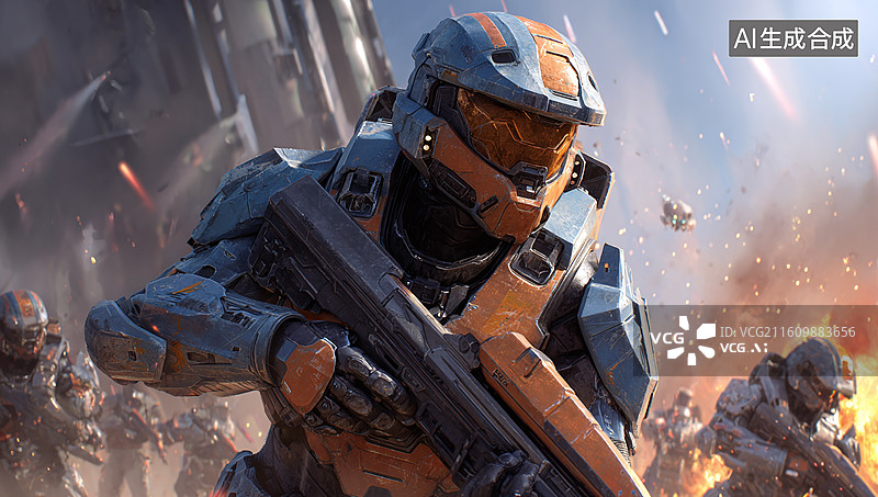 【AI数字艺术】未来机甲战士战斗游戏场景 科幻城市爆炸光影图片素材