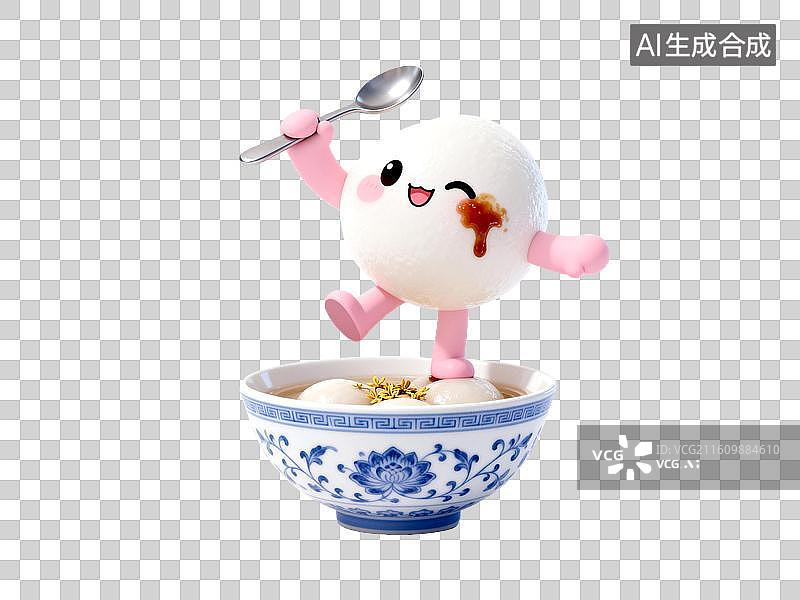 【AI数字艺术】汤圆卡通形象手持勺子跳跃图片素材