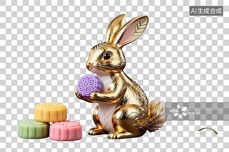 【AI数字艺术】金色兔子手持月饼装饰摆件图片素材