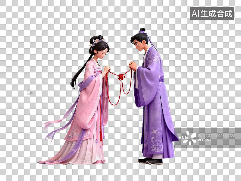 【AI数字艺术】古风男女牵手共系红绳图片素材