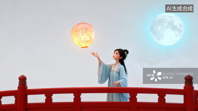 【AI数字艺术】古风少女与月兔灯笼图片素材